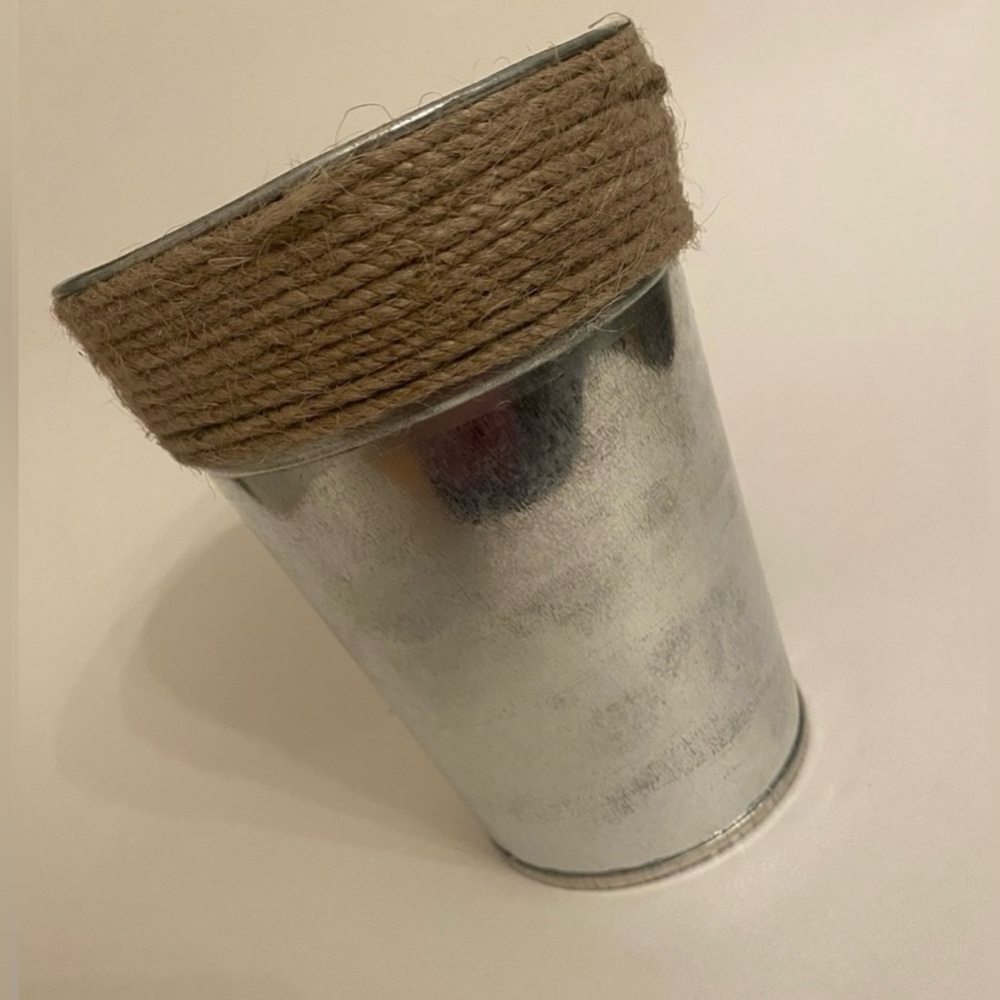 VTG Distressed Raffia Twine Wrapped Silver Decanter Planter Storage Pot Vase
